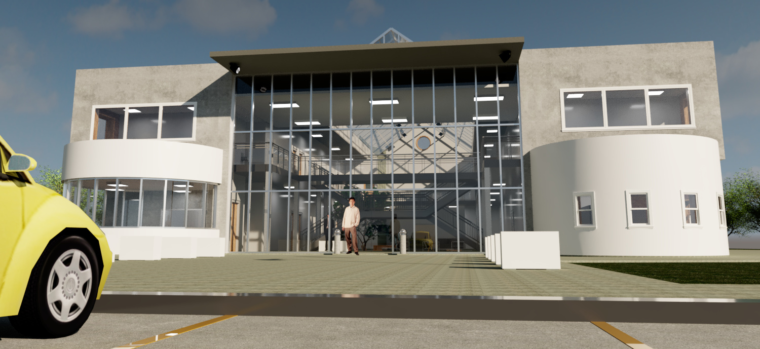 a rendering of the front of a two-story school building with a man standing at its front; the main section is composed of glass, allowing visibility into its foyer and courtyard