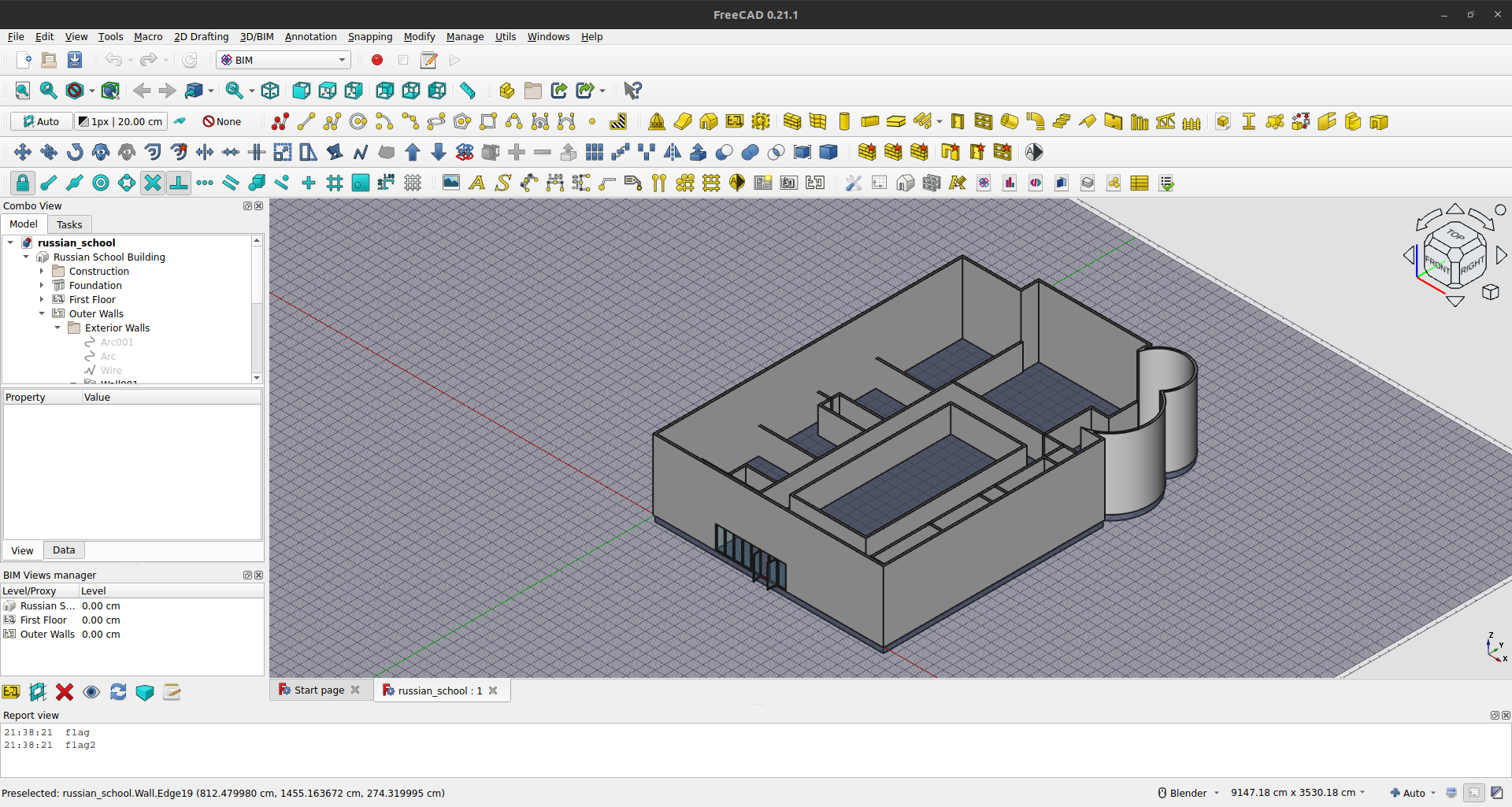 a screenshot of the FreeCAD application open in the BIM workbench and displaying the grey outline of a loosely modeled school building