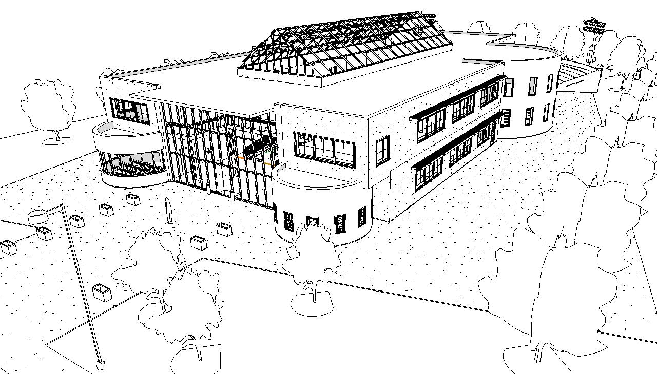 a 3d black-and-white isometric view of the school's front entrance from the side