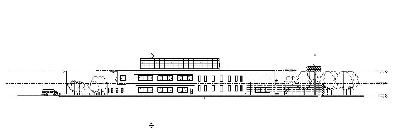 a computer generated architectural drawing of the school's Eastern side featuring a row of identical rectangular windows