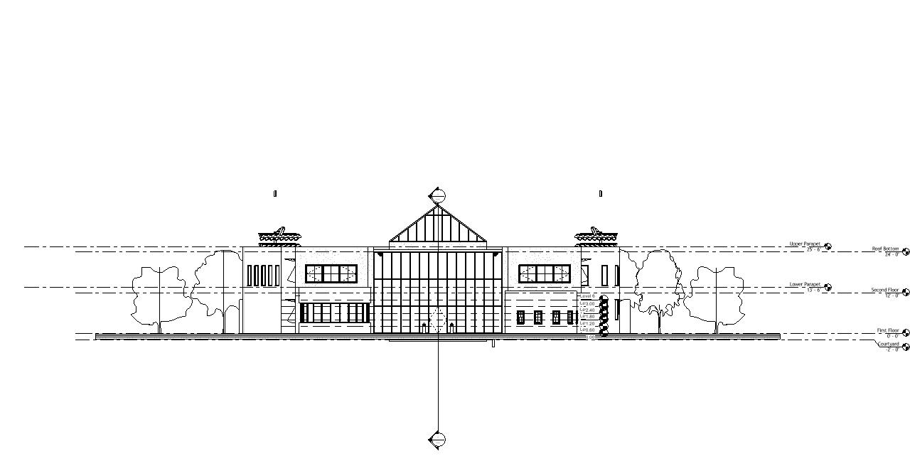 a computer generated architectural drawing of the school's front featuring a glassy entrance and triangular roof