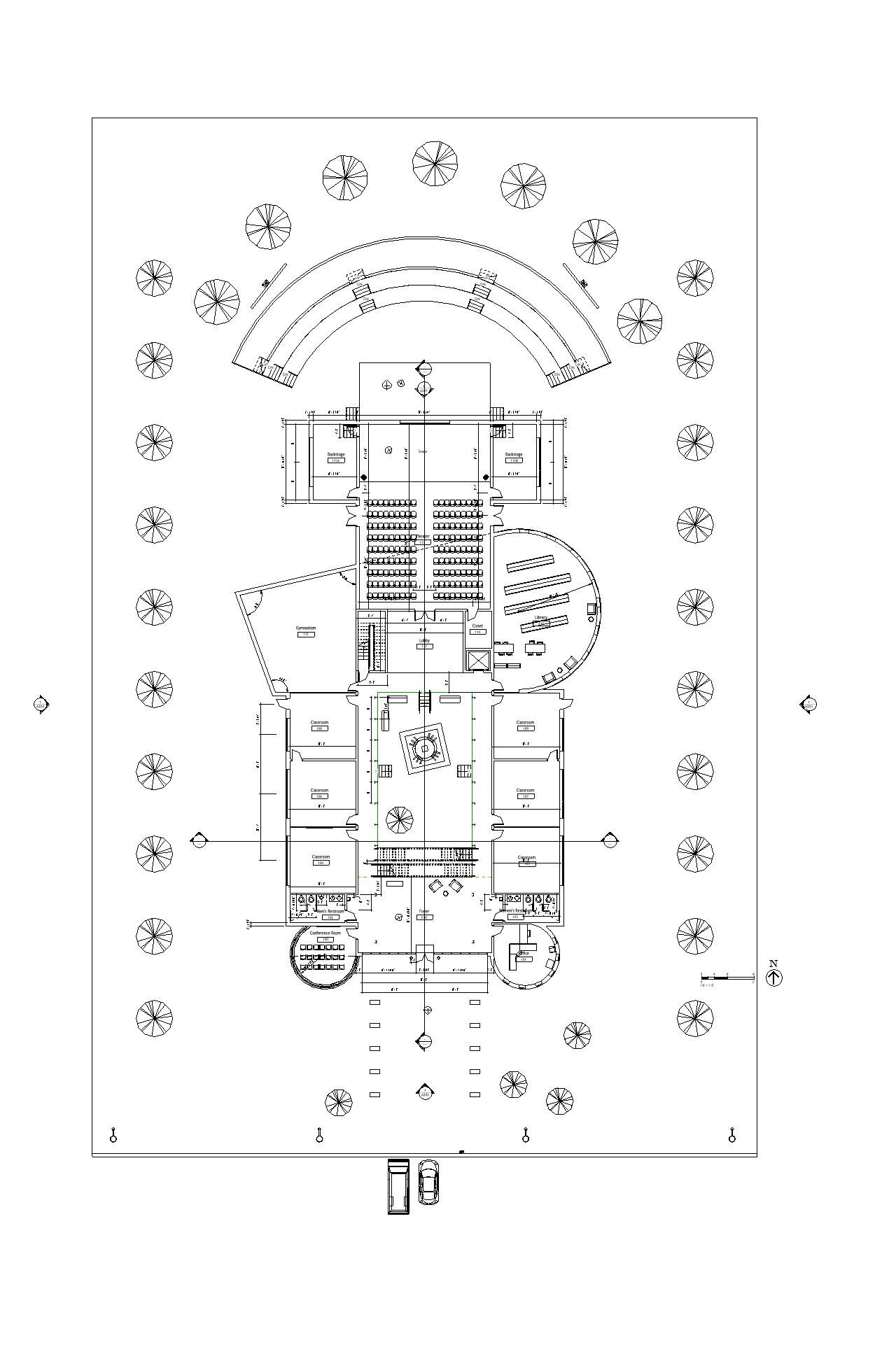 a black-and-white computer generated architectural drawing of the school's ground floor plan