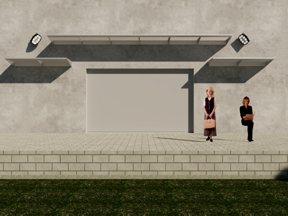 a rendering of an outdoor amphitheater stage made of white bricks; the large white stage backdoor is adorned above by shade elements; two women stand on the right side of the stage