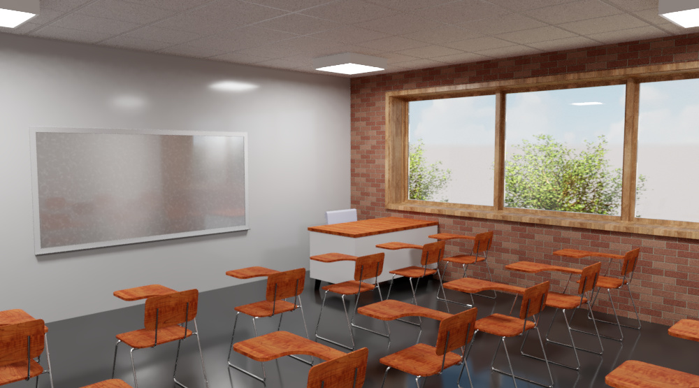 rendering of a rectangular classroom with a shiny whiteboard and a grid of chairs connected to desks; large windows let in lots of external light