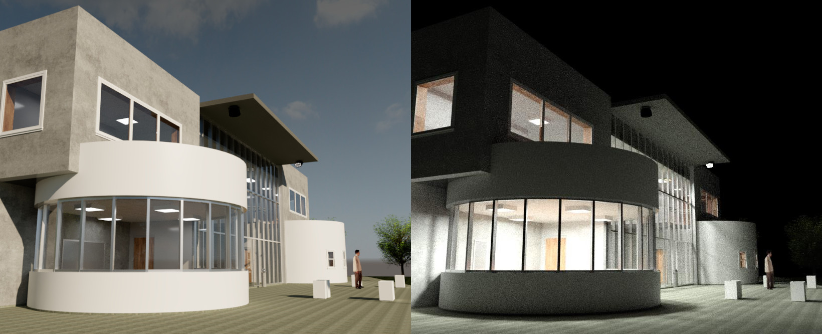 a side-by-side comparison between two renderings of the school's southwest side with one being during the day, and the other during the night with school lights on