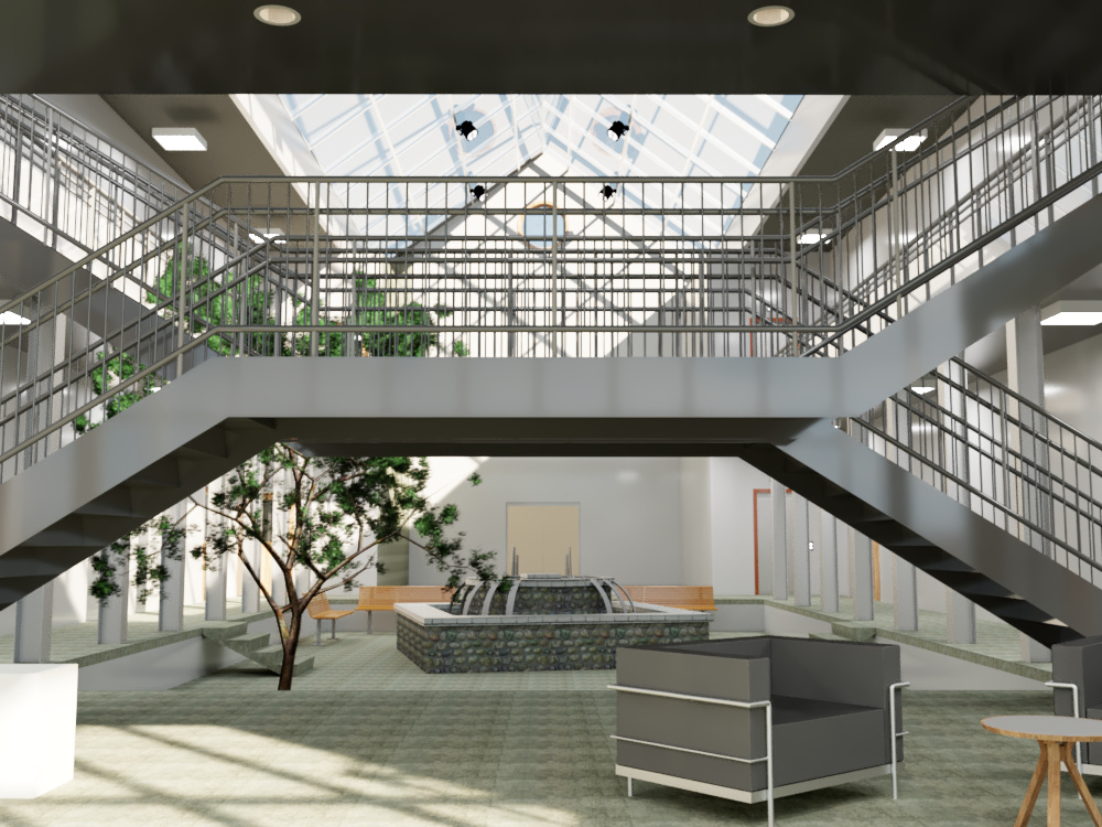 a daytime rendering of the foyer featuring two staircases crossing and going in opposite directions, a view of the courtyard, a fountain, and furniture