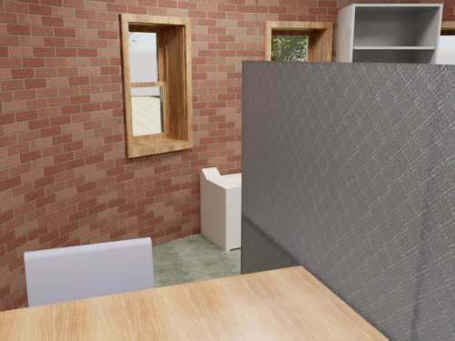 a daytime rendering of the office with a brick wall, rectangular window, and a table connected to a grey cubicle