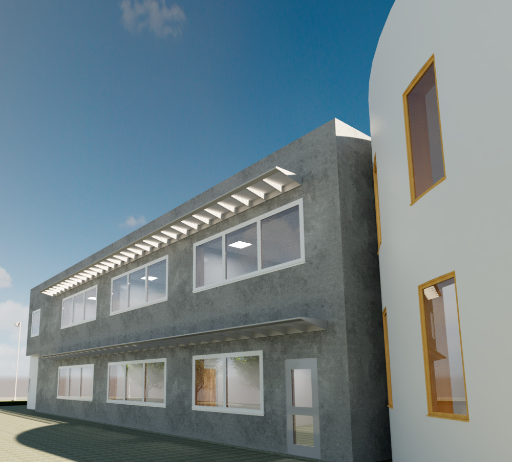 rendering of the school's side wall with rows of rectangular classroom windows accentuated by decorative metal shades from above