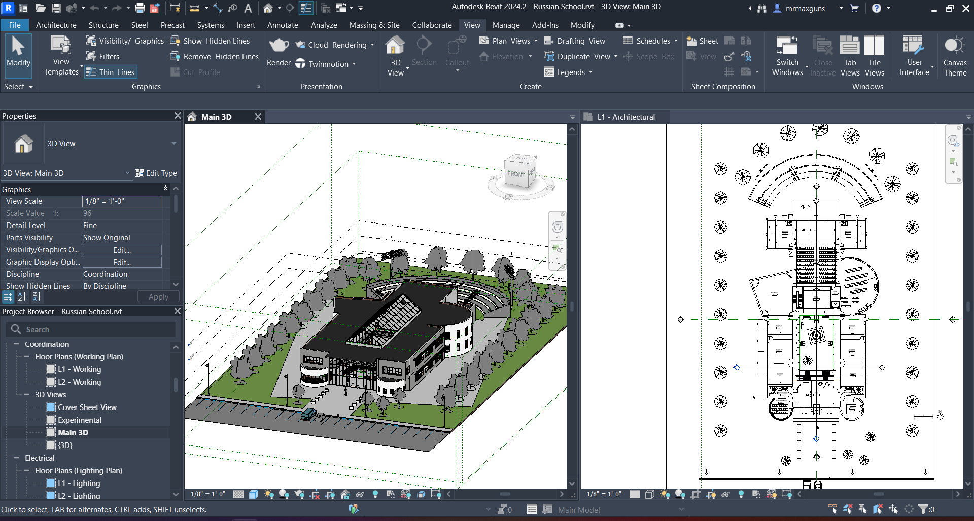 a screenshot of Autodesk Revit open, with one window showing a detailed floorplan, and another showing a colored 3D view of the school