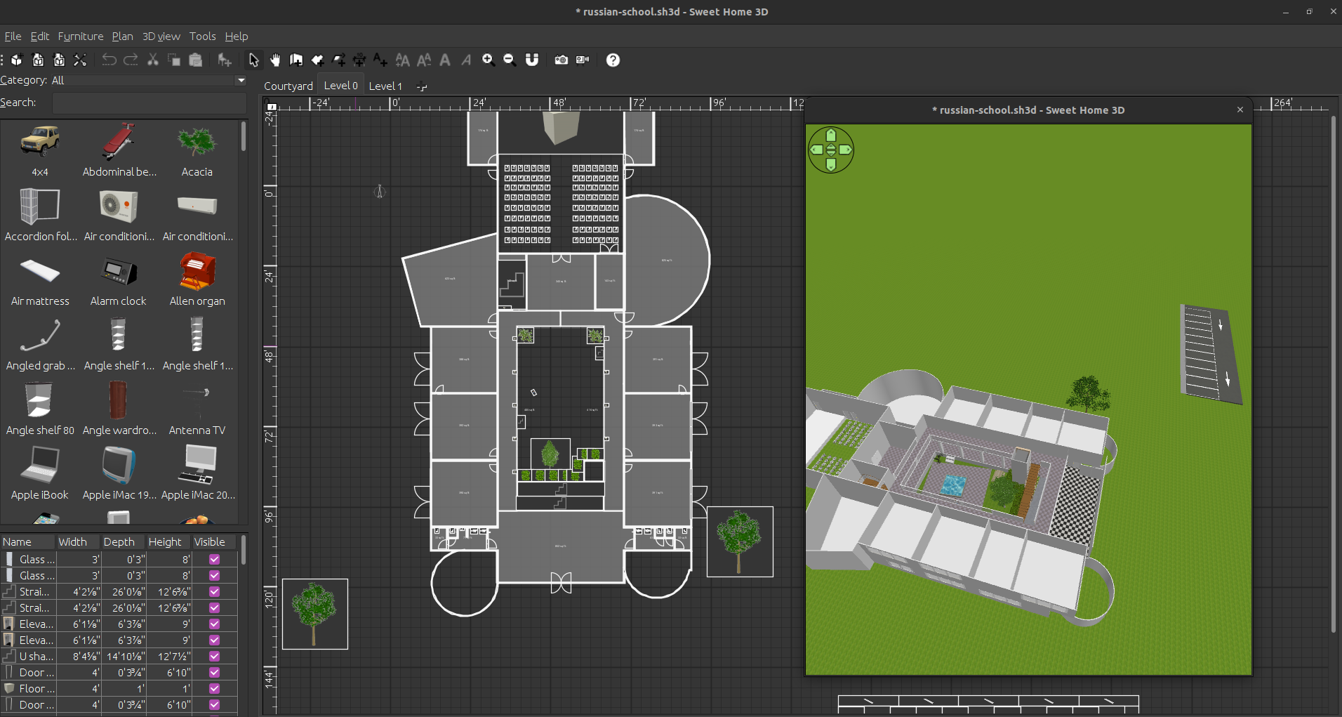 a screenshot of Sweet Home 3D open, with one window showing a floor plan, and another open showing a 3D view of the school from above